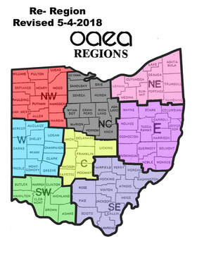 Image shows a map of Ohio divided into 8 sections. The image is titled "OAEA Regions" and includes labeled areas for each region, which are made up of counties.